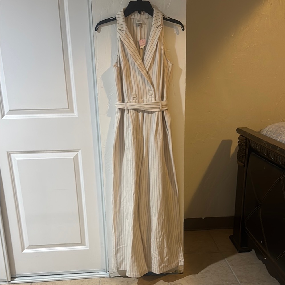 Tan and White Wrap-Style Jumpsuit with Wide-Leg Pants